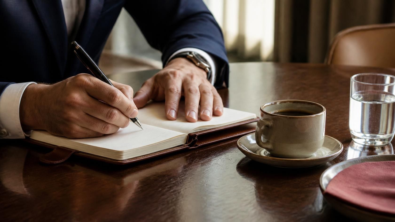A professional in a navy suit writing reflections in a notebook beside a cup of coffee