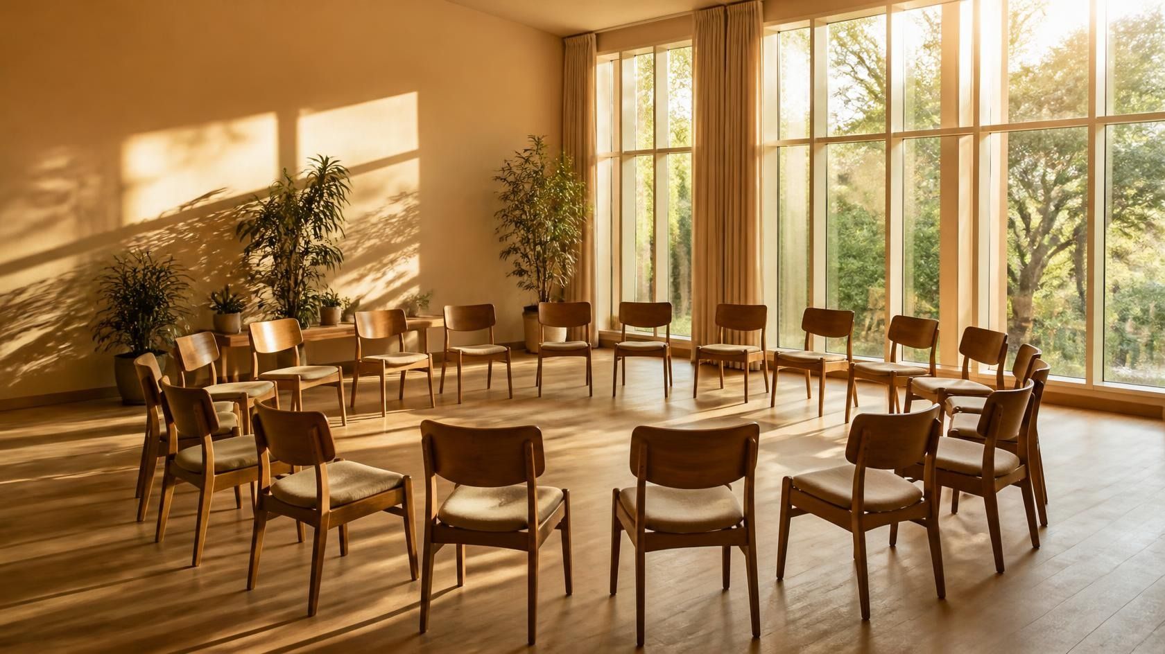 A sunlit training room with wooden chairs arranged in a circle