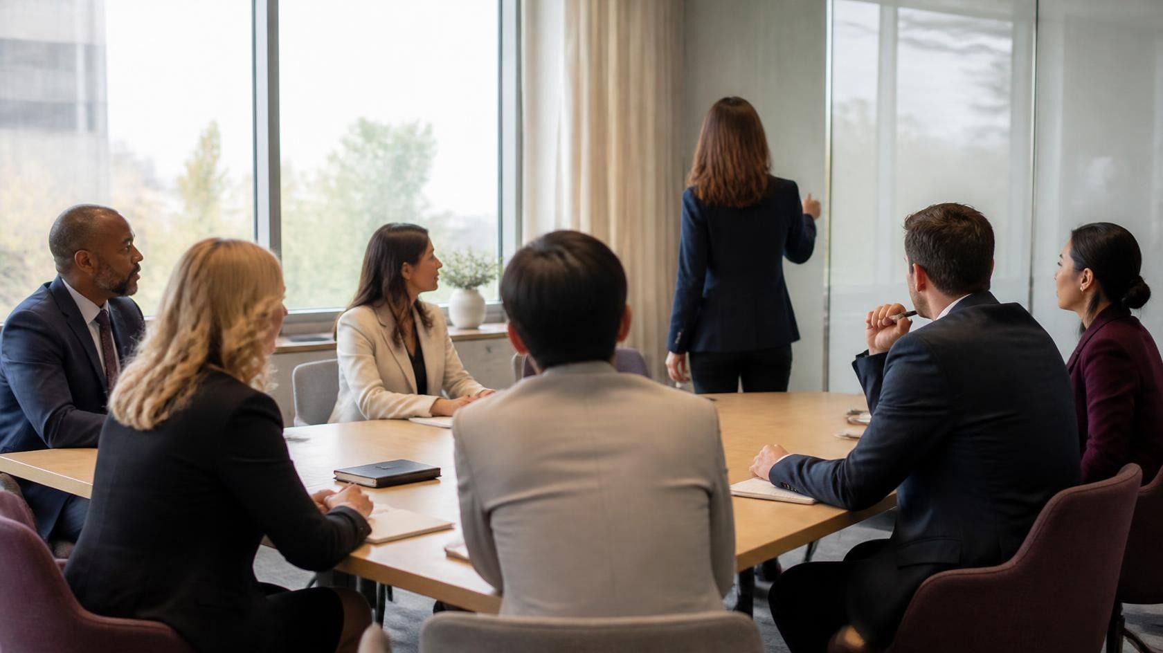 Executives in business attire around a table in a leadership workshop